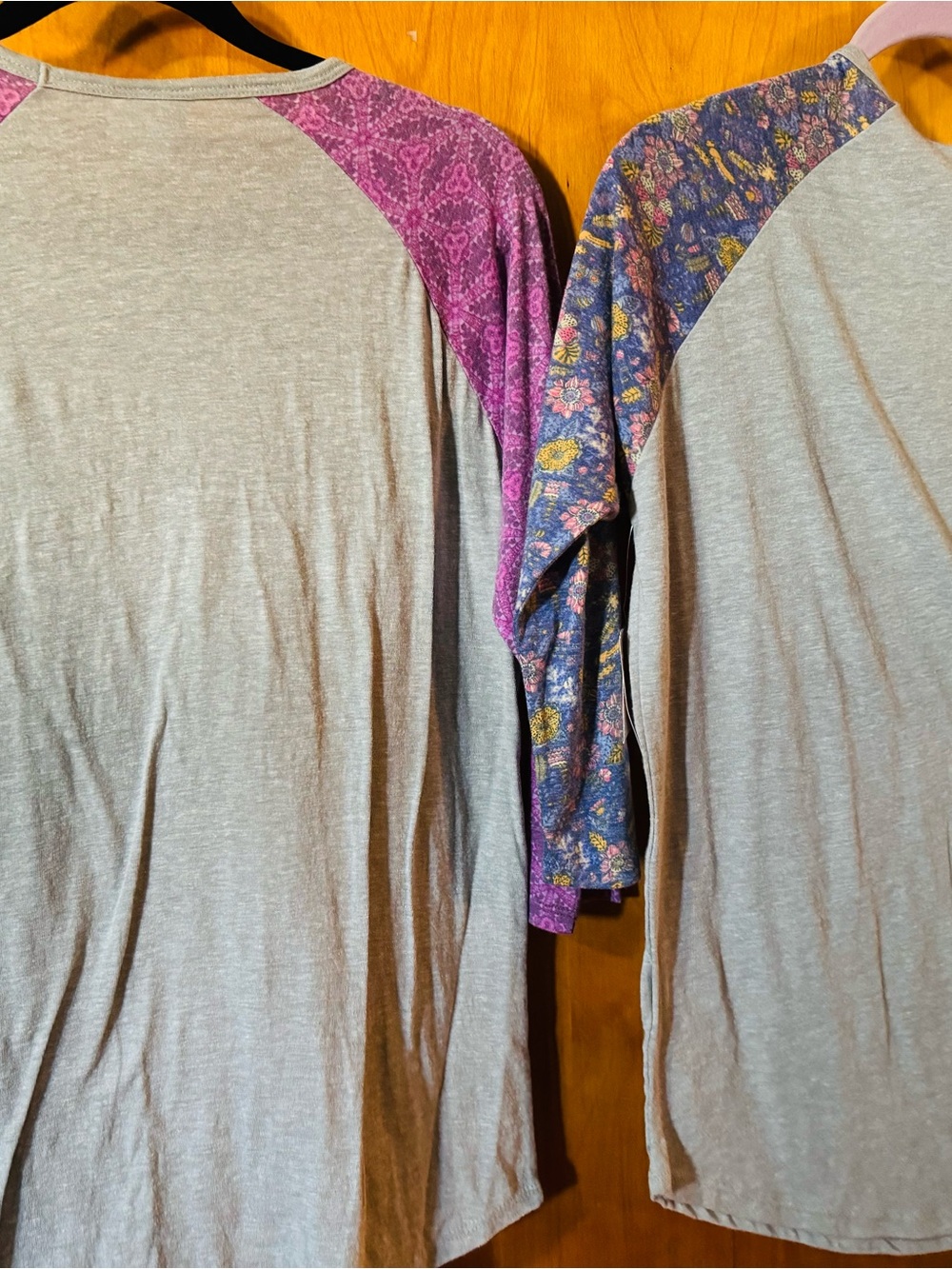 LuLaRoe Heather Gray Tee with Purple Floral Raglan Sleeves